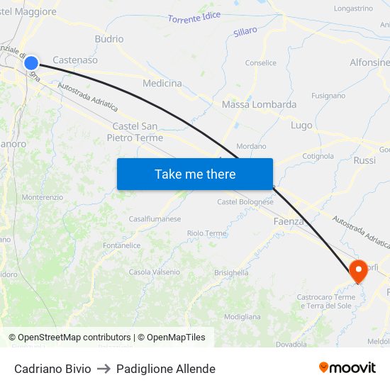 Cadriano Bivio to Padiglione Allende map