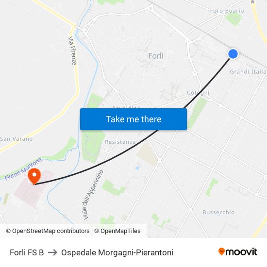 Forli FS B to Ospedale Morgagni-Pierantoni map