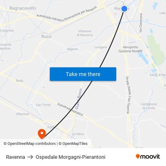 Ravenna to Ospedale Morgagni-Pierantoni map