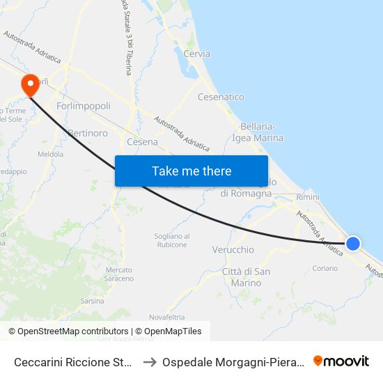 Ceccarini Riccione Station to Ospedale Morgagni-Pierantoni map