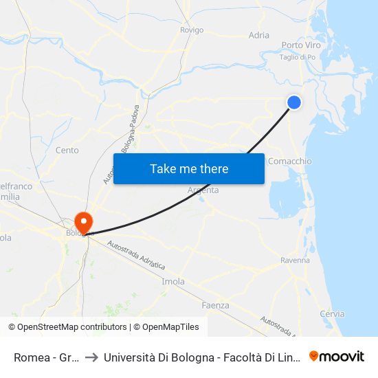 Romea - Gran Linea [860] to Università Di Bologna - Facoltà Di Lingue E Letterature Straniere - Presidenza map