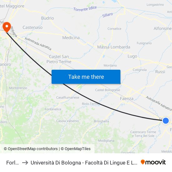 Forli FS B to Università Di Bologna - Facoltà Di Lingue E Letterature Straniere - Presidenza map