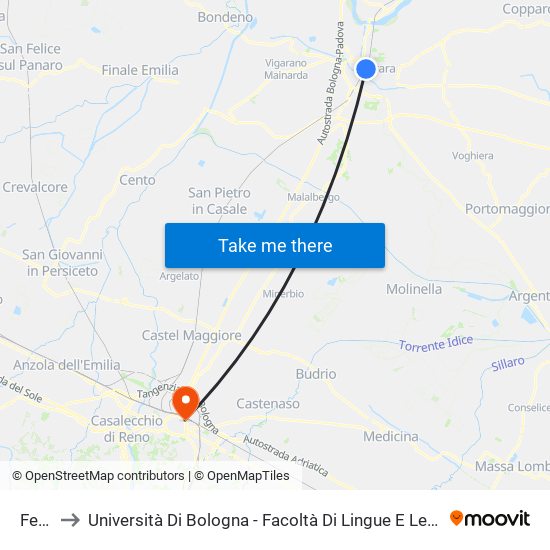 Ferrara to Università Di Bologna - Facoltà Di Lingue E Letterature Straniere - Presidenza map