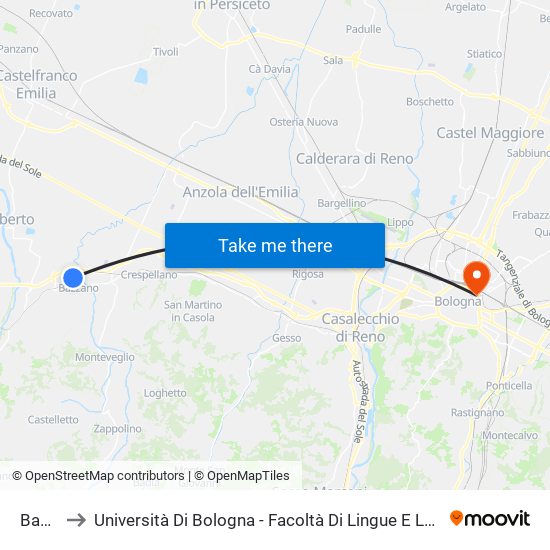 Bazzano to Università Di Bologna - Facoltà Di Lingue E Letterature Straniere - Presidenza map