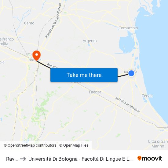 Ravenna to Università Di Bologna - Facoltà Di Lingue E Letterature Straniere - Presidenza map