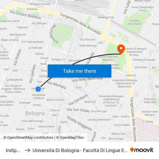 Indipendenza to Università Di Bologna - Facoltà Di Lingue E Letterature Straniere - Presidenza map