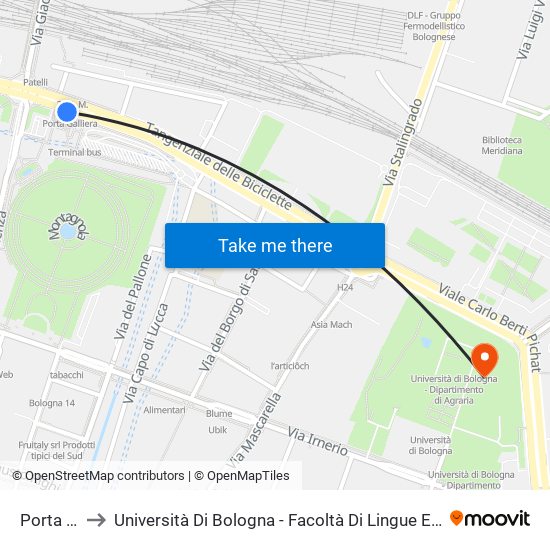 Porta Galliera to Università Di Bologna - Facoltà Di Lingue E Letterature Straniere - Presidenza map