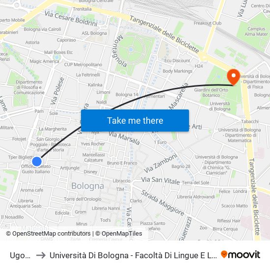 Ugo Bassi to Università Di Bologna - Facoltà Di Lingue E Letterature Straniere - Presidenza map