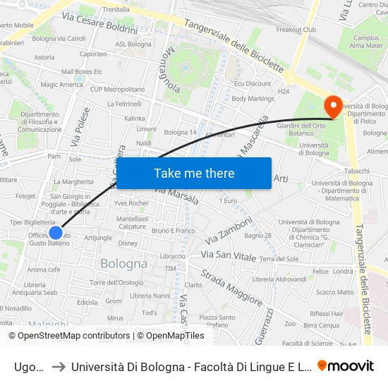 Ugo Bassi to Università Di Bologna - Facoltà Di Lingue E Letterature Straniere - Presidenza map