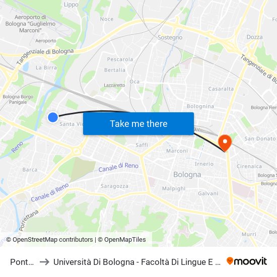 Pontelungo to Università Di Bologna - Facoltà Di Lingue E Letterature Straniere - Presidenza map