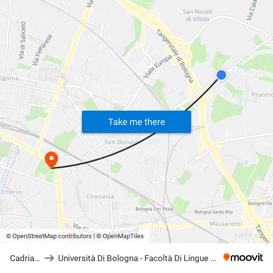 Cadriano Bivio to Università Di Bologna - Facoltà Di Lingue E Letterature Straniere - Presidenza map
