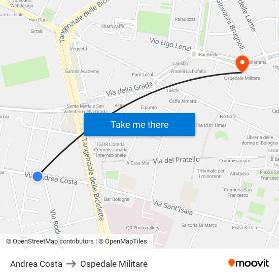 Andrea Costa to Ospedale Militare map