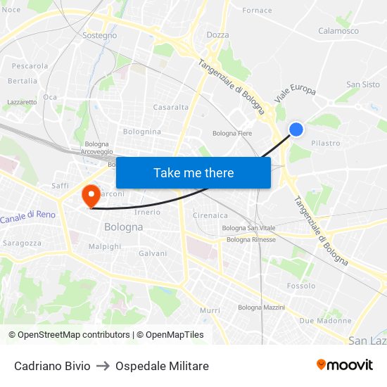 Cadriano Bivio to Ospedale Militare map