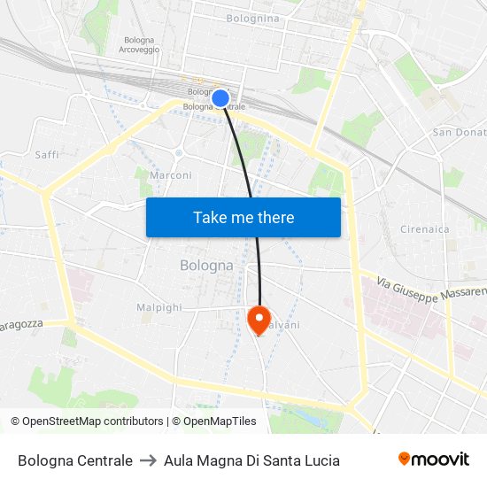 Bologna Centrale to Aula Magna Di Santa Lucia map