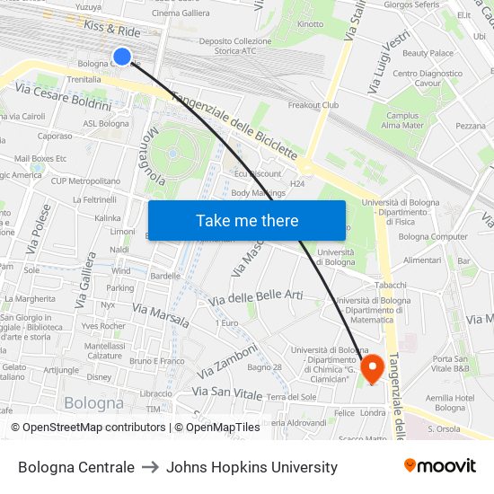 Bologna Centrale to Johns Hopkins University map