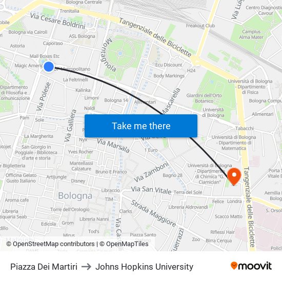 Piazza Dei Martiri to Johns Hopkins University map