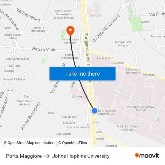 Porta Maggiore to Johns Hopkins University map