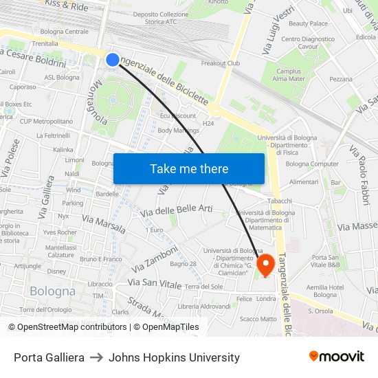 Porta Galliera to Johns Hopkins University map