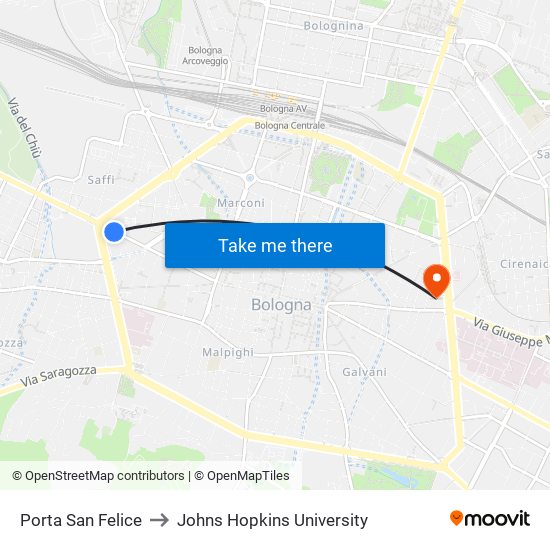 Porta San Felice to Johns Hopkins University map