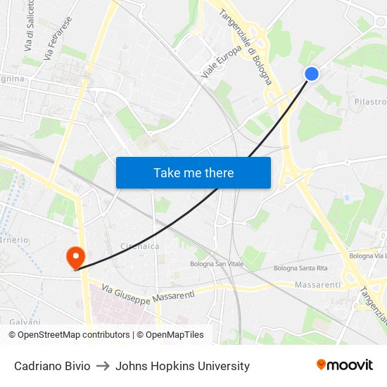 Cadriano Bivio to Johns Hopkins University map