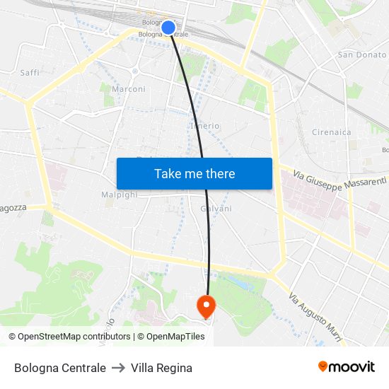 Bologna Centrale to Villa Regina map