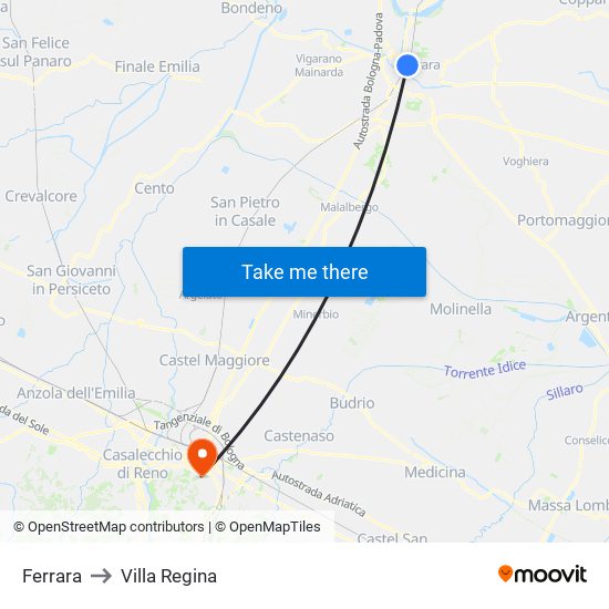 Ferrara to Villa Regina map