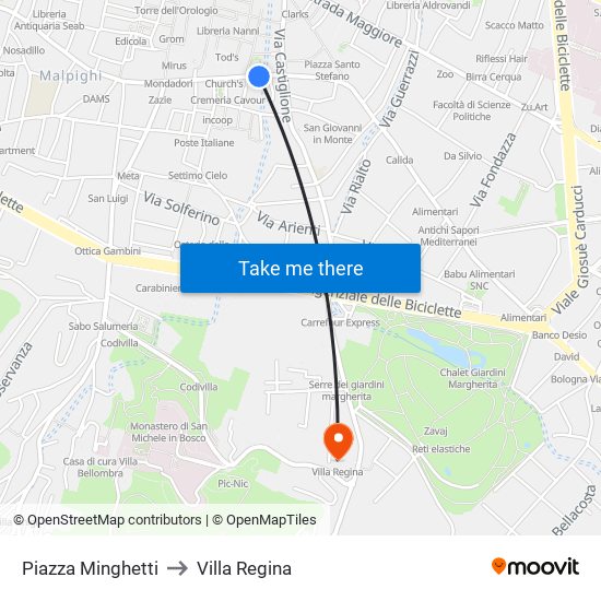 Piazza Minghetti to Villa Regina map