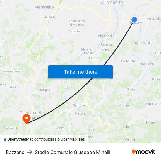 Bazzano to Stadio Comunale Giuseppe Minelli map