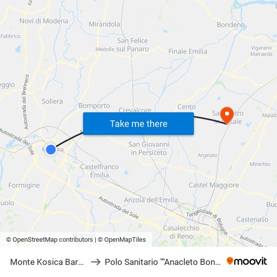 Monte Kosica Barozzi to Polo Sanitario ""Anacleto Bonora"" map