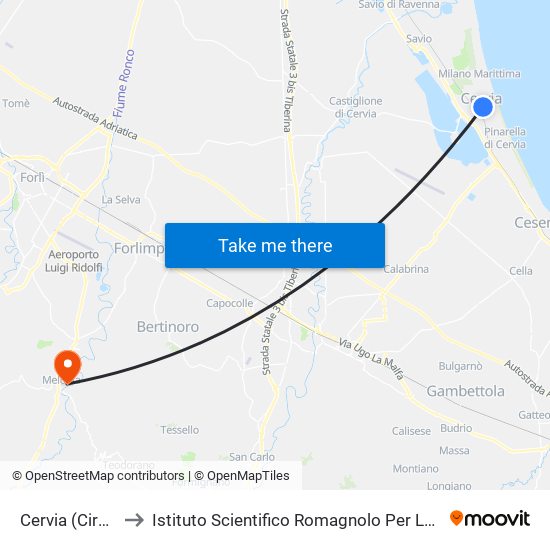 Cervia (Circ. Sacchetti Est) to Istituto Scientifico Romagnolo Per Lo Studio E La Cura Dei Tumori (I.R.S.T.) S.R.L. map