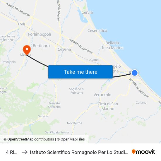 4 Rimini FS to Istituto Scientifico Romagnolo Per Lo Studio E La Cura Dei Tumori (I.R.S.T.) S.R.L. map