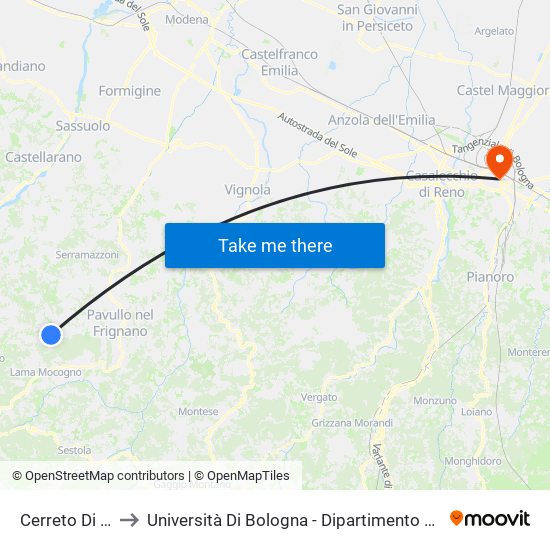 Cerreto Di Polinago to Università Di Bologna - Dipartimento Di Chimica ""G. Ciamician"" map