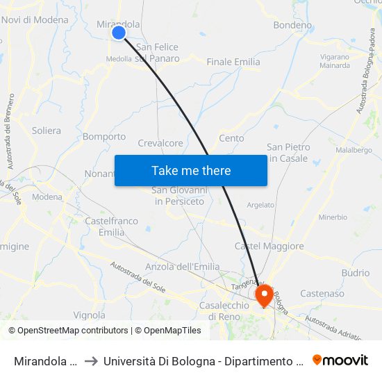 Mirandola Ospedale to Università Di Bologna - Dipartimento Di Chimica ""G. Ciamician"" map