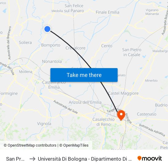 San Prospero to Università Di Bologna - Dipartimento Di Chimica ""G. Ciamician"" map