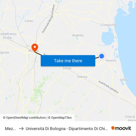 Mezzano to Università Di Bologna - Dipartimento Di Chimica ""G. Ciamician"" map