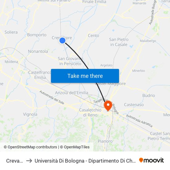 Crevalcore to Università Di Bologna - Dipartimento Di Chimica ""G. Ciamician"" map