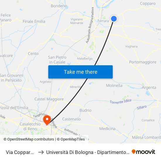 Via Copparo Ca' Tonda to Università Di Bologna - Dipartimento Di Chimica ""G. Ciamician"" map