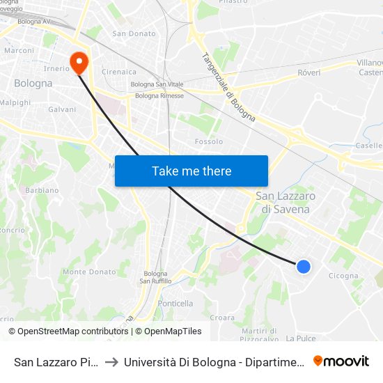 San Lazzaro Piscina Kennedy to Università Di Bologna - Dipartimento Di Chimica ""G. Ciamician"" map