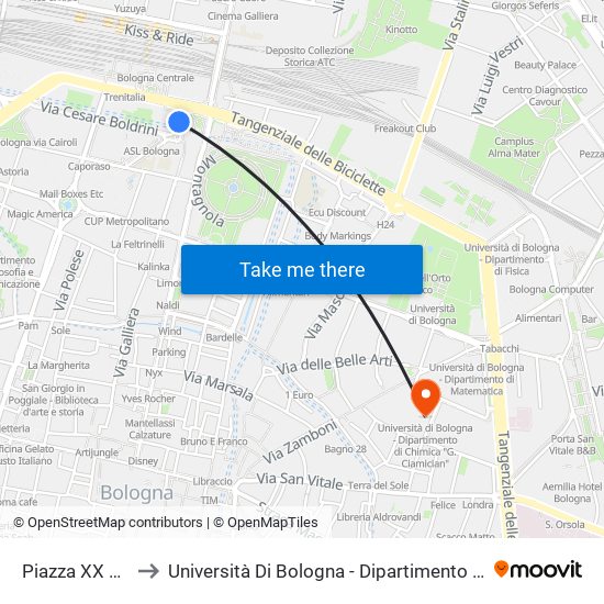Piazza XX Settembre to Università Di Bologna - Dipartimento Di Chimica ""G. Ciamician"" map