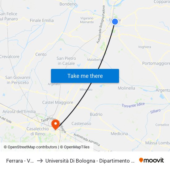 Ferrara - Via Cavour to Università Di Bologna - Dipartimento Di Chimica ""G. Ciamician"" map