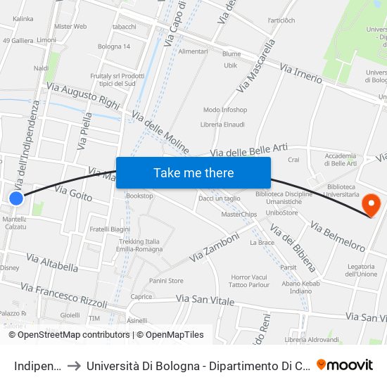 Indipendenza to Università Di Bologna - Dipartimento Di Chimica ""G. Ciamician"" map