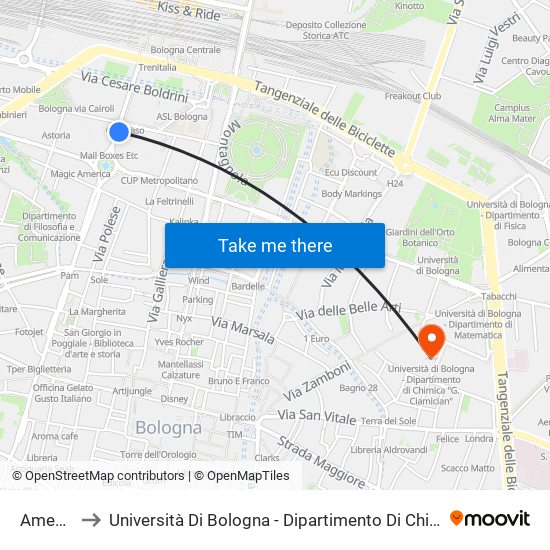 Amendola to Università Di Bologna - Dipartimento Di Chimica ""G. Ciamician"" map
