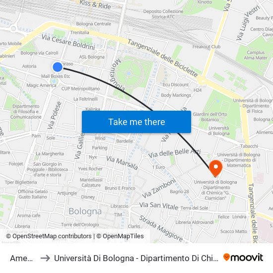 Amendola to Università Di Bologna - Dipartimento Di Chimica ""G. Ciamician"" map