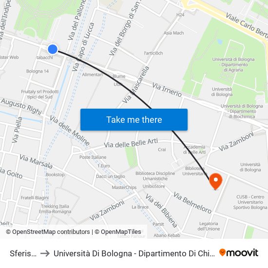 Sferisterio to Università Di Bologna - Dipartimento Di Chimica ""G. Ciamician"" map