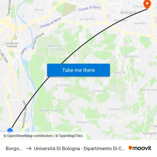 Borgonuovo to Università Di Bologna - Dipartimento Di Chimica ""G. Ciamician"" map