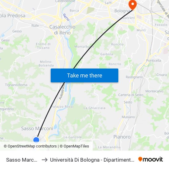 Sasso Marconi Terminal to Università Di Bologna - Dipartimento Di Chimica ""G. Ciamician"" map