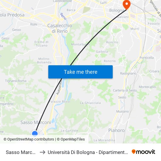 Sasso Marconi Terminal to Università Di Bologna - Dipartimento Di Chimica ""G. Ciamician"" map