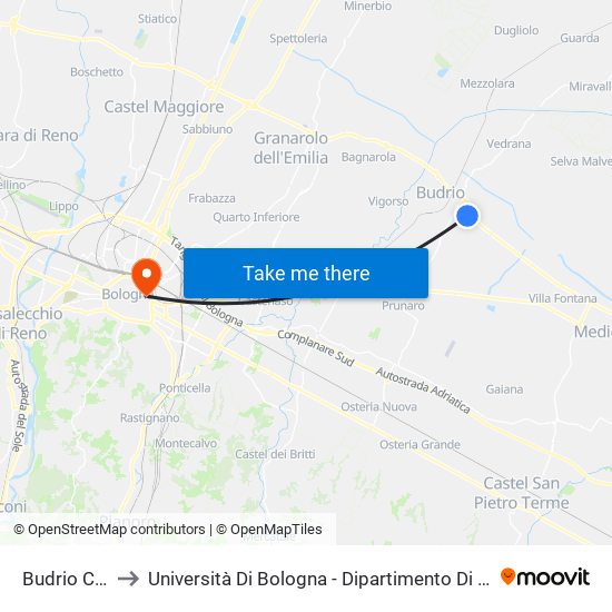Budrio Cimitero to Università Di Bologna - Dipartimento Di Chimica ""G. Ciamician"" map