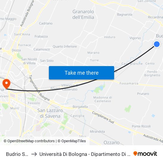 Budrio Stazione to Università Di Bologna - Dipartimento Di Chimica ""G. Ciamician"" map