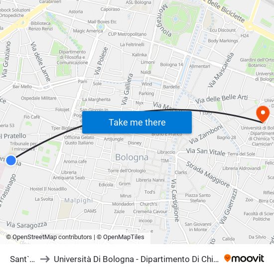 Sant`Isaia to Università Di Bologna - Dipartimento Di Chimica ""G. Ciamician"" map